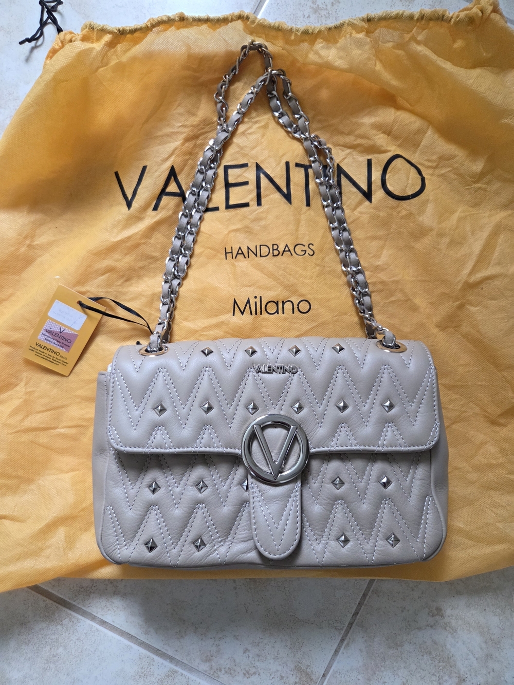 Valentino Cream Quilted Shoulder Bag with Silver Hardware